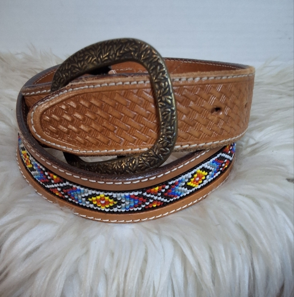 Hand Tooled Beaded Leather Belt with Brass Buckle M